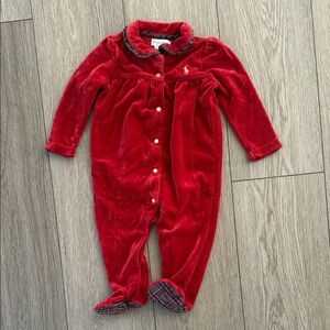 Ralph Lauren Red Velvet Footed One-Piece coverall sleeper with Plaid Trim 6 mo